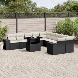 Set de sofás de jardín 11 pzas y cojines ratán sintético negro