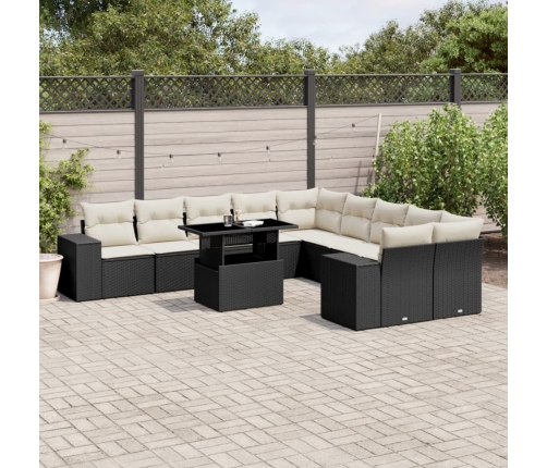 Set de sofás de jardín 11 pzas y cojines ratán sintético negro