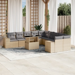Set de sofás de jardín 11pzas con cojines ratán sintético beige