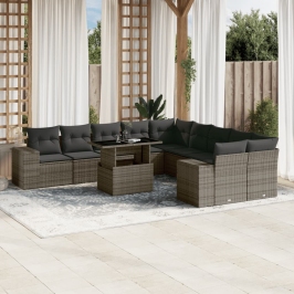 Set de sofás de jardín 11 pzas y cojines ratán sintético gris