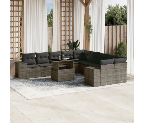 Set de sofás de jardín 11 pzas y cojines ratán sintético gris