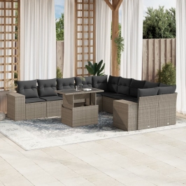 Set de sofás de jardín 11 pzas y cojines ratán sintético gris