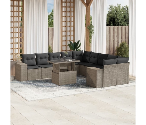 Set de sofás de jardín 11 pzas y cojines ratán sintético gris