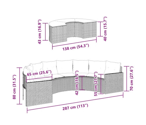 Sofá de jardín semicircular 2 piezas ratán sintético beige