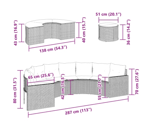 Set de sofá de jardín semicircular 3 pzas ratán sintético negro