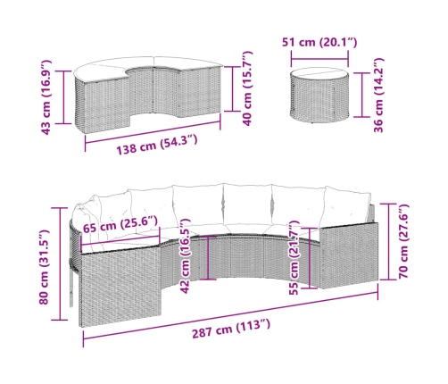 Set de sofá de jardín semicircular 3 pzas ratán sintético beige