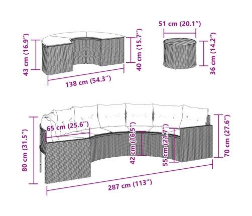 Set de sofá de jardín semicircular 3 pzas ratán sintético negro