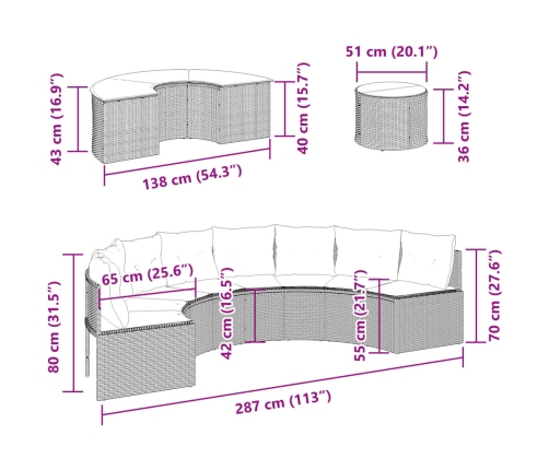 Set de sofá de jardín semicircular 3 pzas ratán sintético negro