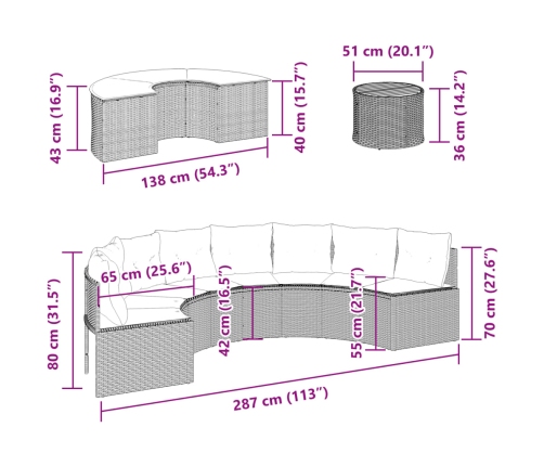 Set de sofá de jardín semicircular 3 pzas ratán sintético negro