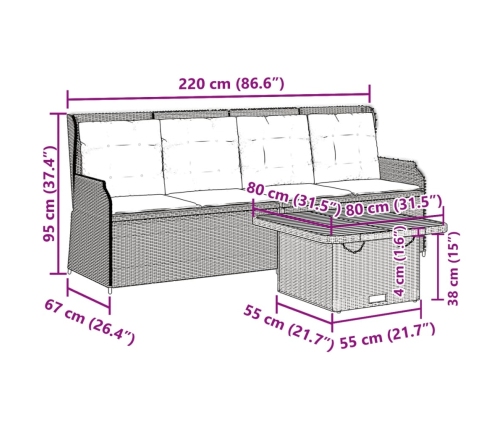 Set de muebles de jardín 3 pzas y cojines ratán sintético gris