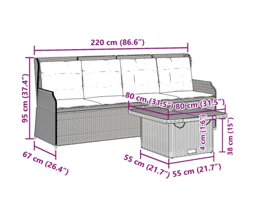 Set muebles de jardín 3 piezas y cojines ratán sintético beige