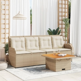 Set muebles de jardín 3 piezas y cojines ratán sintético beige