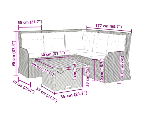 Set de muebles de jardín 4 pzas y cojines ratán sintético gris
