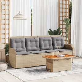 Set muebles de jardín 3 piezas y cojines ratán sintético beige