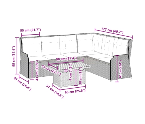 Set muebles de jardín 5 pzas con cojines ratán sintético beige