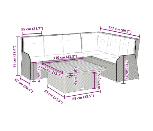 Set de muebles de jardín 5 pzas y cojines ratán sintético gris