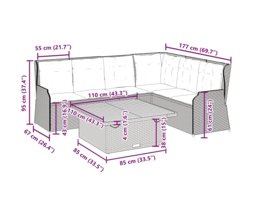 Set muebles de jardín 5 pzas con cojines ratán sintético beige