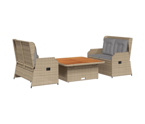 Set muebles de jardín 3 piezas y cojines ratán sintético beige