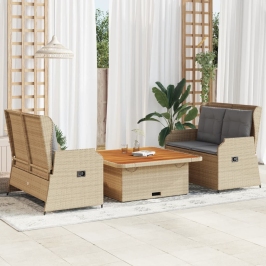 Set muebles de jardín 3 piezas y cojines ratán sintético beige