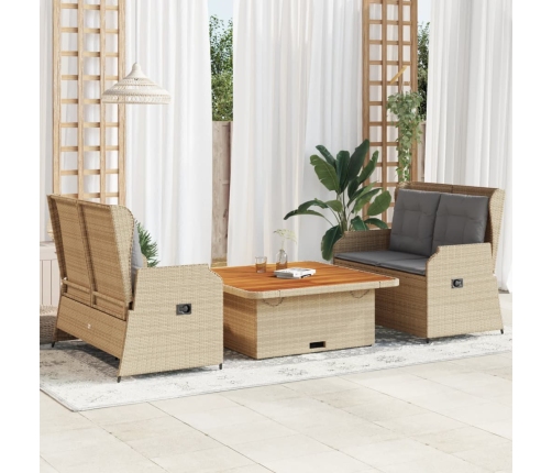 Set muebles de jardín 3 piezas y cojines ratán sintético beige