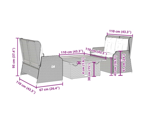 Set muebles de jardín 3 piezas y cojines ratán sintético beige