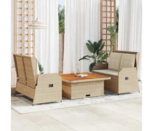 Set muebles de jardín 3 piezas y cojines ratán sintético beige