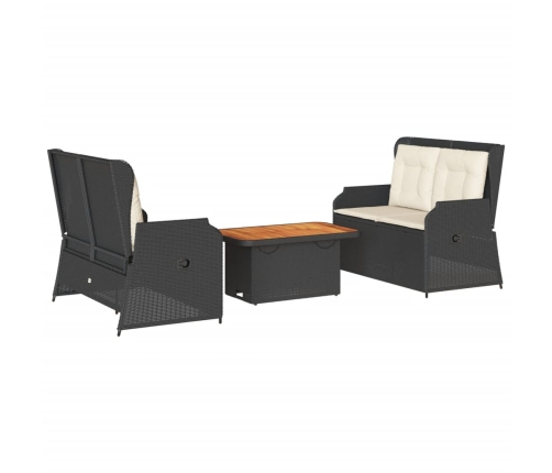 Set de muebles de jardín 3 pzas y cojines ratán sintético negro