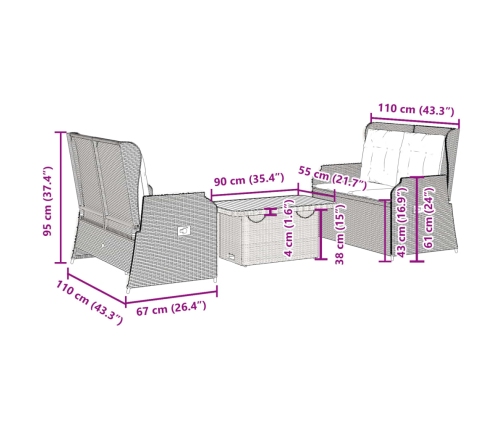 Set de muebles de jardín 3 pzas y cojines ratán sintético negro