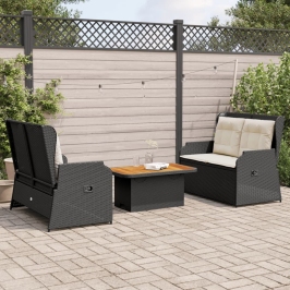 Set de muebles de jardín 3 pzas y cojines ratán sintético negro