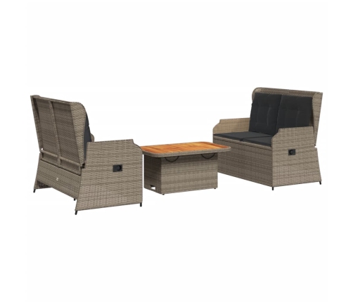 Set de muebles de jardín 3 pzas y cojines ratán sintético gris