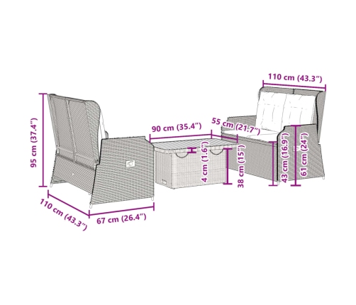 Set de muebles de jardín 3 pzas y cojines ratán sintético gris