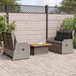 Set de muebles de jardín 3 pzas y cojines ratán sintético gris