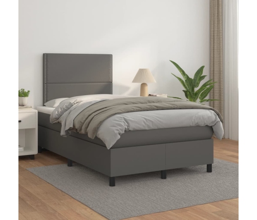 Cama box spring con colchón cuero sintético gris 120x190 cm