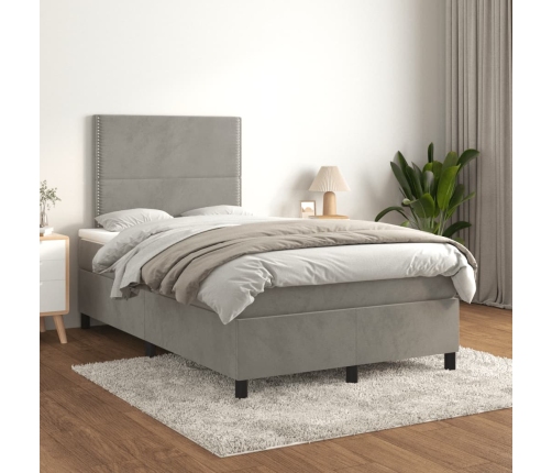 Cama box spring con colchón terciopelo gris claro 120x190 cm