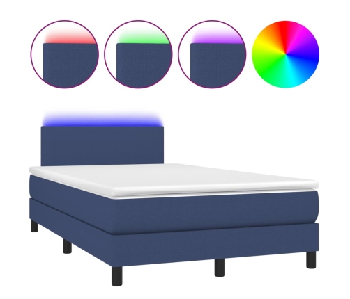 Cama box spring con colchón y luces LED tela azul 120x190 cm