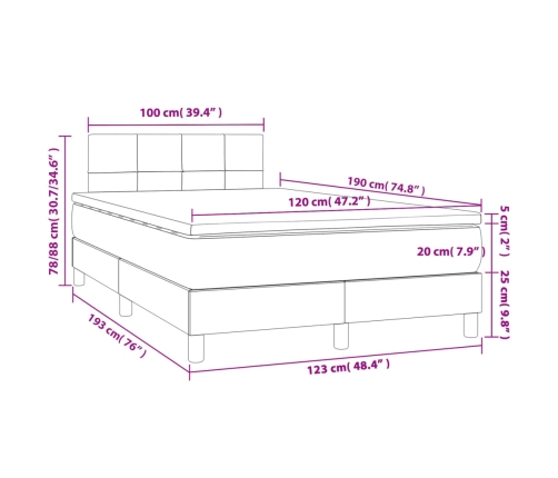 Cama box spring con colchón y LED tela marrón oscuro 120x190 cm