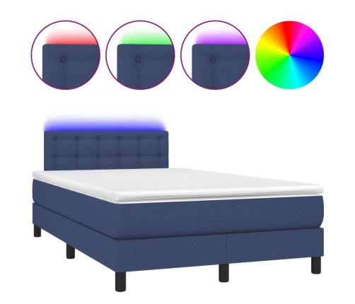 Cama box spring con colchón y luces LED tela azul 120x190 cm