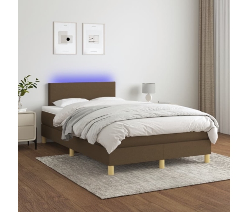 Cama box spring con colchón y LED tela marrón oscuro 120x190 cm