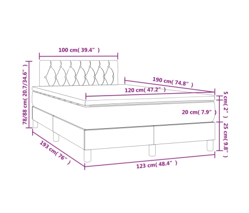 Cama box spring con colchón y LED tela gris claro 120x190 cm