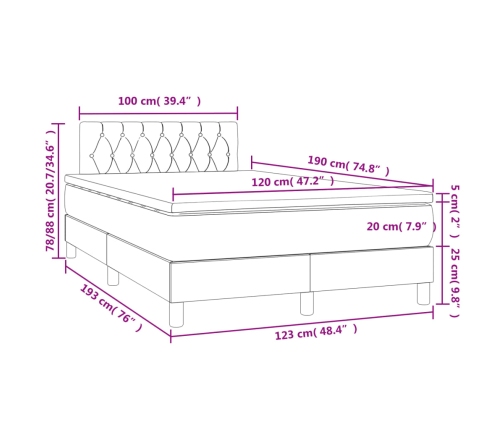 Cama box spring con colchón y LED tela marrón oscuro 120x190 cm