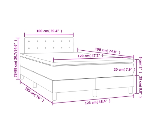 Cama box spring con colchón y LED tela gris claro 120x190 cm