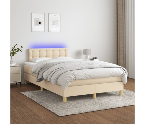 Cama box spring con colchón y luces LED tela crema 120x190 cm