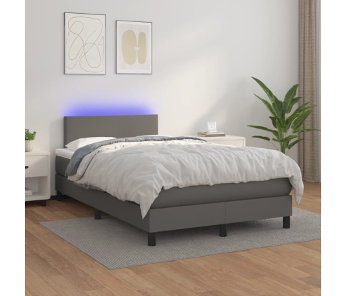 Cama box spring con colchón LED cuero sintético gris 120x190 cm