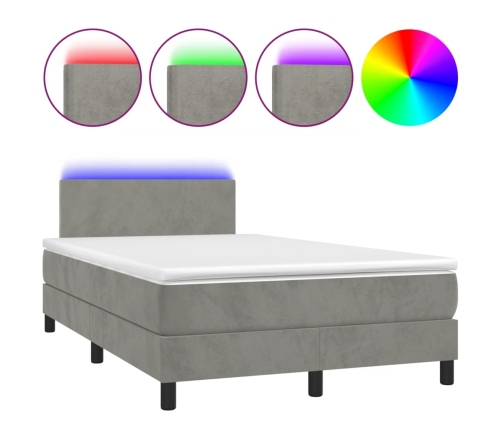 Cama box spring colchón y LED terciopelo gris claro 120x190 cm