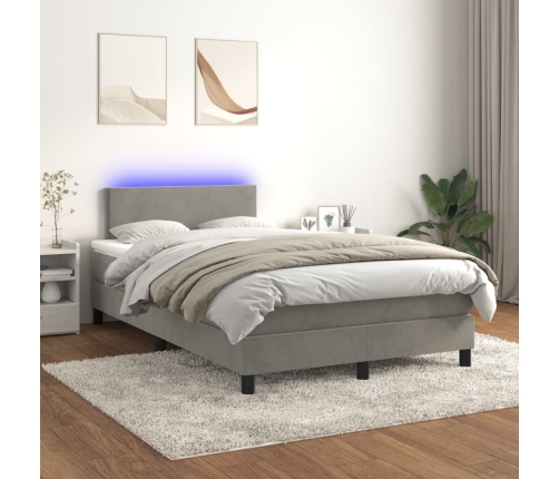 Cama box spring colchón y LED terciopelo gris claro 120x190 cm