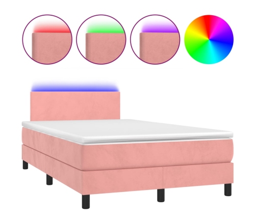 Cama box spring con colchón y LED terciopelo rosa 120x190 cm