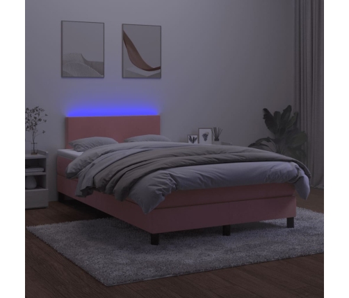 Cama box spring con colchón y LED terciopelo rosa 120x190 cm