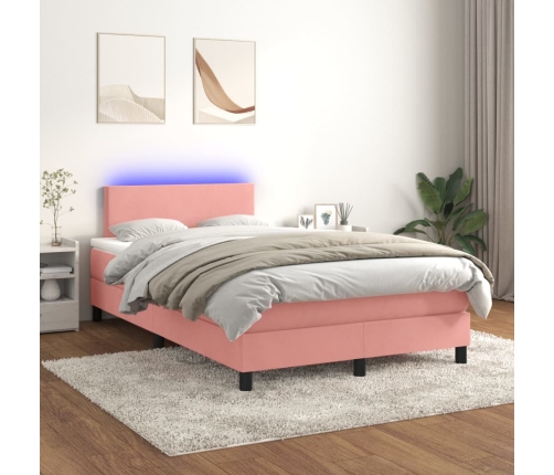 Cama box spring con colchón y LED terciopelo rosa 120x190 cm