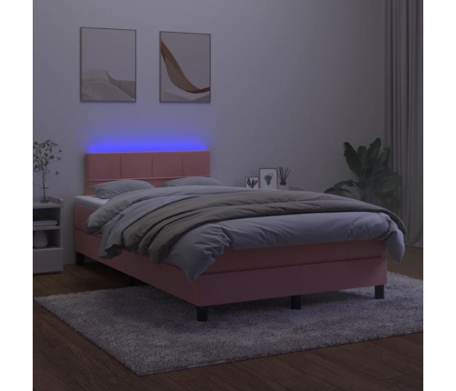 Cama box spring con colchón y LED terciopelo rosa 120x190 cm