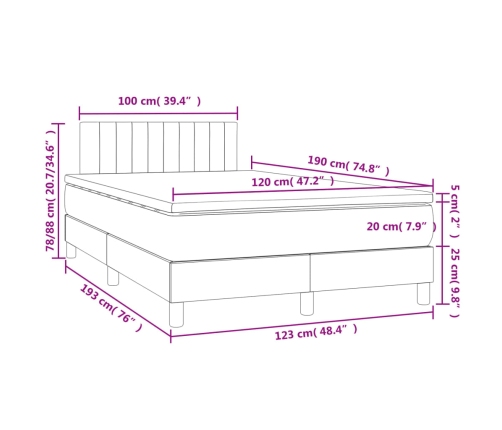 Cama box spring colchón y LED terciopelo gris claro 120x190 cm